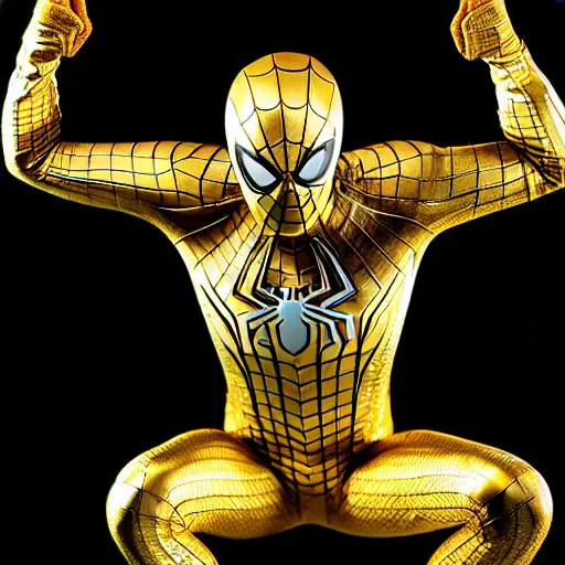 Image similar to gold spider - man suit with black web lining, cinematic, volumetric lighting, realistic, hyperdetailed, photorealistic, photograph