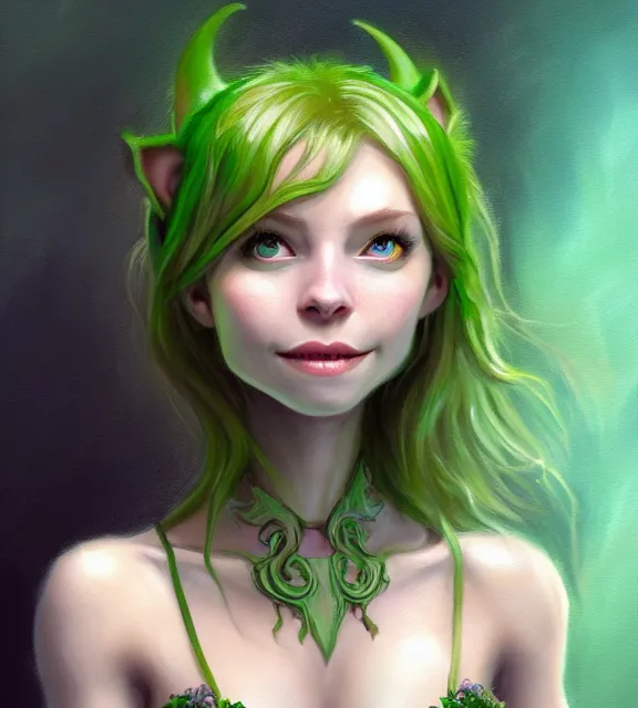 Prompt: cute female goblin smiling, perfect face, tiara, pale green halter top, auburn hair, abs, cinematic, blush, stunning, elegant, highly detailed, psychedelic, digital painting, artstation, smooth, hard focus, illustration, art by jessica rossier and and brian froud