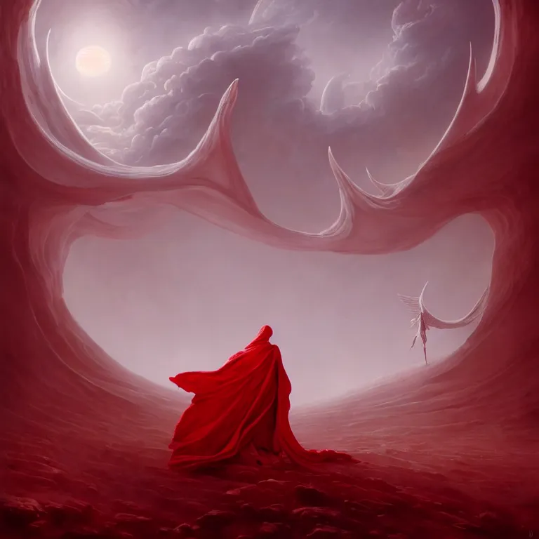 Image similar to one lone singular swirling otherworldly angel shrouded in red robes emerges from extensive barren white dunescape, matte painting by peter mohrbacher and filip hodas, background basilica! sacrecoeur!, godrays, high contrast, highly detailed, a