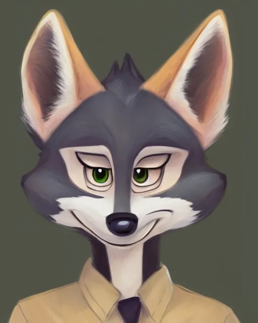 Image similar to oil painting of anthromorphic female wolf, in style of zootopia, female fursona, furry, furaffinity, 4 k, deviantart, furry art, fursona art, wearing black business suit, business suit, wolf fursona, female, very expressive detailed feminine face,