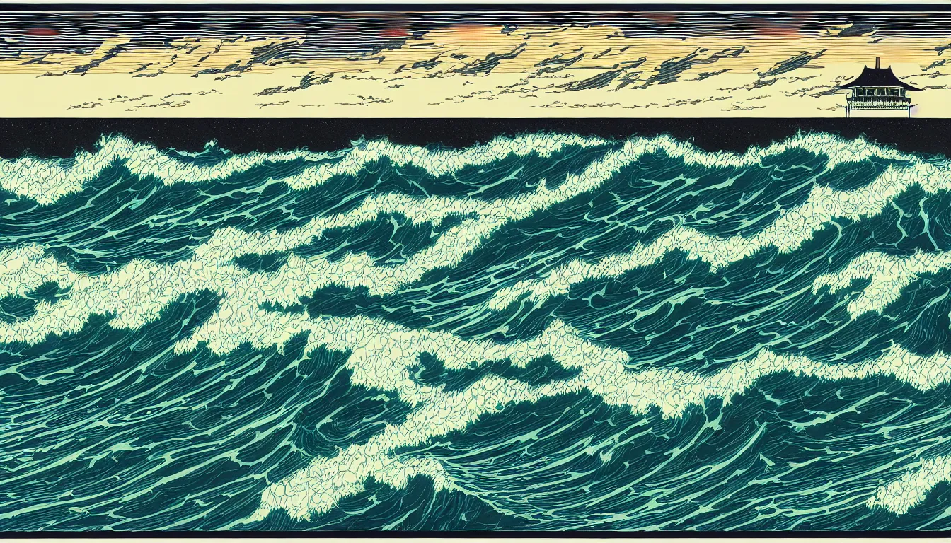 Image similar to ocean storm by dan mumford and peter doig and edward hopper, symmetrical, minimal, black ink, thick lines highly detailed, muted colours, overlaid with chinese adverts, 8 k