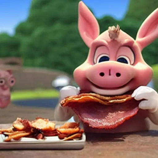 Prompt: Porky the Pig eating bacon.