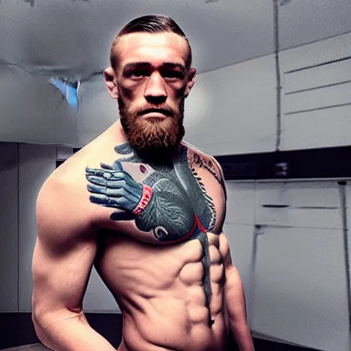 Image similar to “a realistic detailed photo of a guy who is an attractive humanoid who is half robot and half humanoid, who is a male android, boxer Conor McGregor, shiny skin, posing like a statue, blank stare”