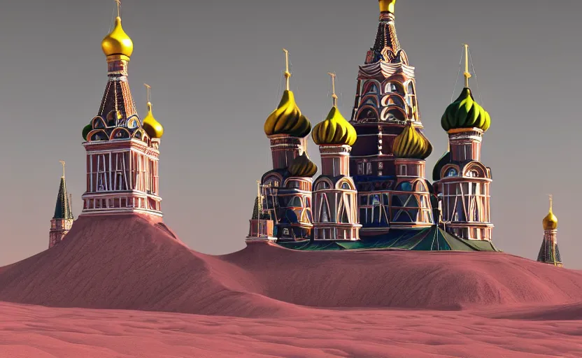 Prompt: a picture in colour high contrast by vasily vereshchagin of futuristic st. basil's cathedral on mars, cinema 4 d, visual art, 8 k resolution, 3 d modelling, studio lighting, masterpiece, vray