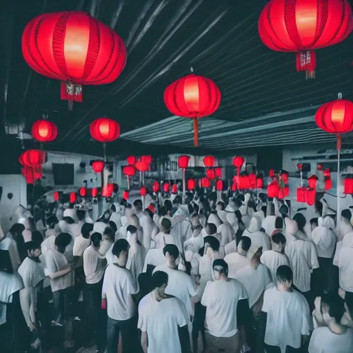 Prompt: night club, five red chinese lanterns, people's silhouettes close up, wearing white t - shirts that glow in the dark, minimalism, dark