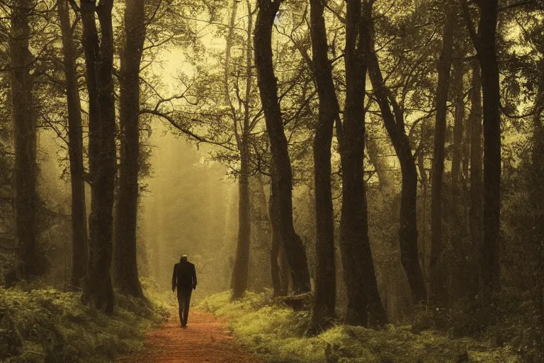 Prompt: a walking man in a forrest, Moody light, beautiful trees, insanely detailed