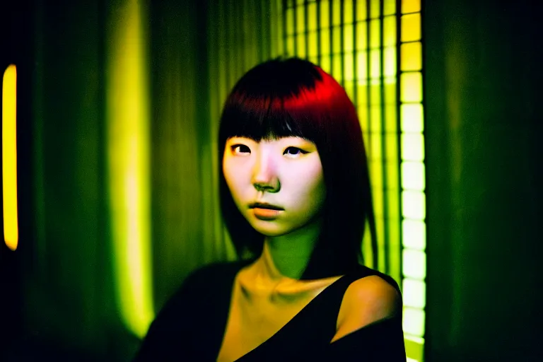 Prompt: photography masterpiece by haruto hoshi and yang seung woo, flash photography portrait of a beautiful japanese woman with dyed hair sitting in a inside a kyabakura night club, shot on a canon 5 d mark iii with a 3 5 mm lens aperture f / 5. 6, dslr camera, film grain, dynamic composition, high camera angle, full res
