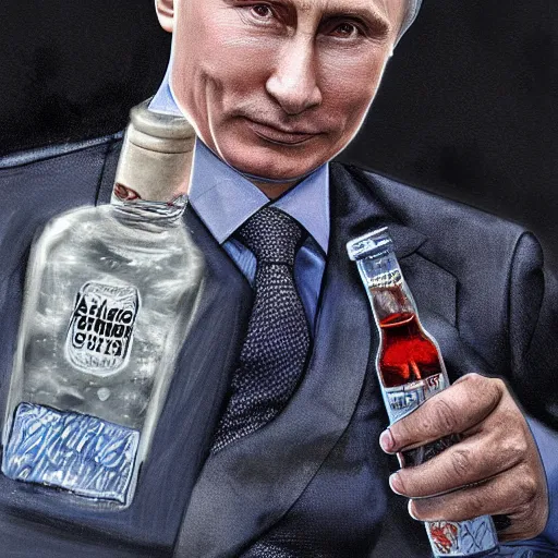 Prompt: vladimir putin wearing a dress and holding a bottle of arak, cinematic, beautiful digital painting, hyper detailed