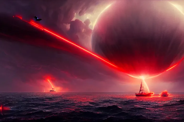 Prompt: A beautiful matte painting of huge spherical alien spaceship attacking with powerful red lasers a Sailship in ocean in thunderstorm, by greg rutkowski, trending on artstation, concept art