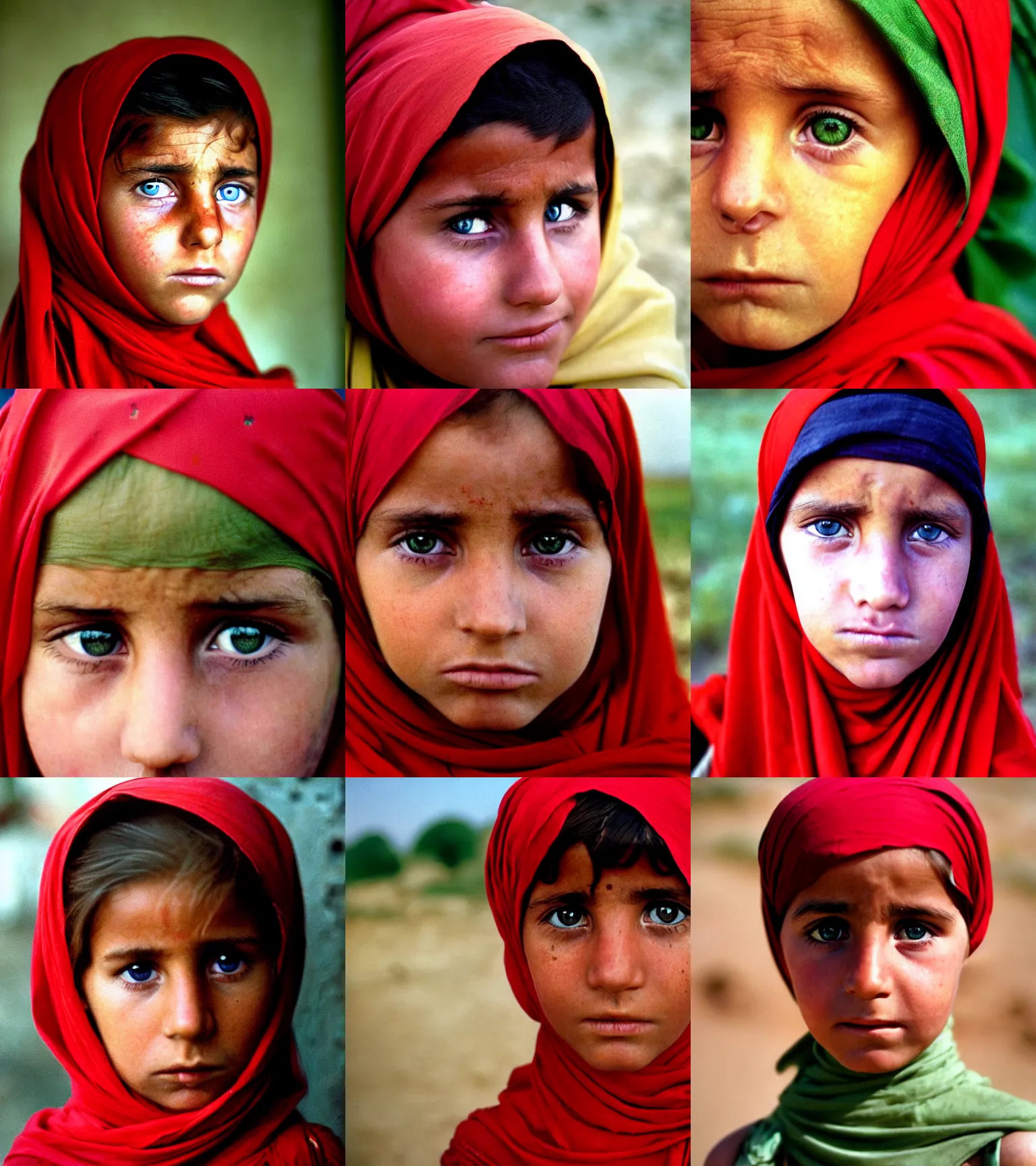 Prompt: portrait of donald trump as afghan girl, green eyes in a red headscarf looking intensely at the camera, taken by steve mccurry, kodachrome 6 4 color slide film, with a nikon fm 2 camera and nikkor 1 0 5 mm ai - s f 2. 5 lens