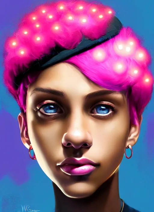 Image similar to portrait of teenage vanessa morgan with bright pink hair, black girl, curly pixie cut hair, wearing newsboy cap, pink short haircut, newsboy cap, hoop earrings, blue eyes, intricate, elegant, glowing lights, highly detailed, digital painting, artstation, concept art, smooth, sharp focus, illustration, art by wlop, mars ravelo and greg rutkowski