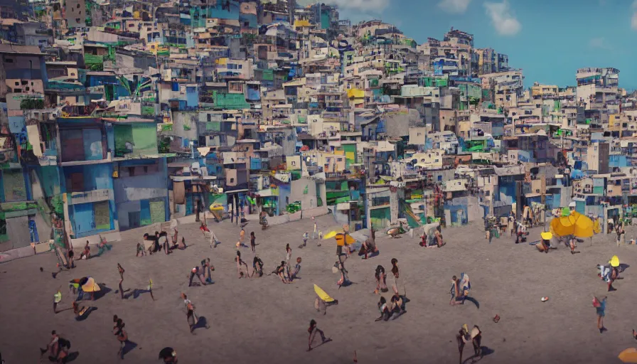 Image similar to favelas in rio, music dancing, locals, nightlife, hustlers and street - walkers, beach ocean fun octane render unreal 5, by piet mondrian