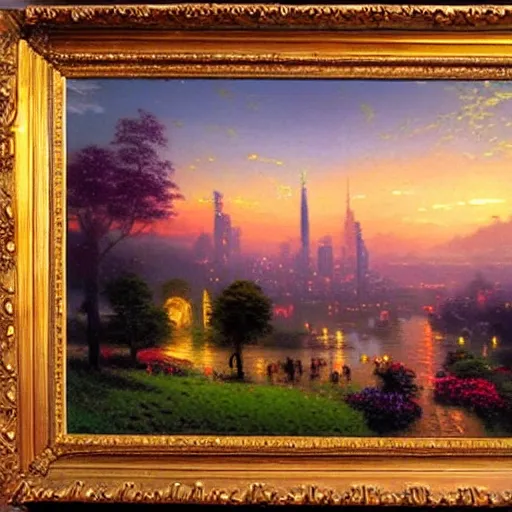 Prompt: Classical oil painting of the Emerald city at sunset by Thomas Kinkade