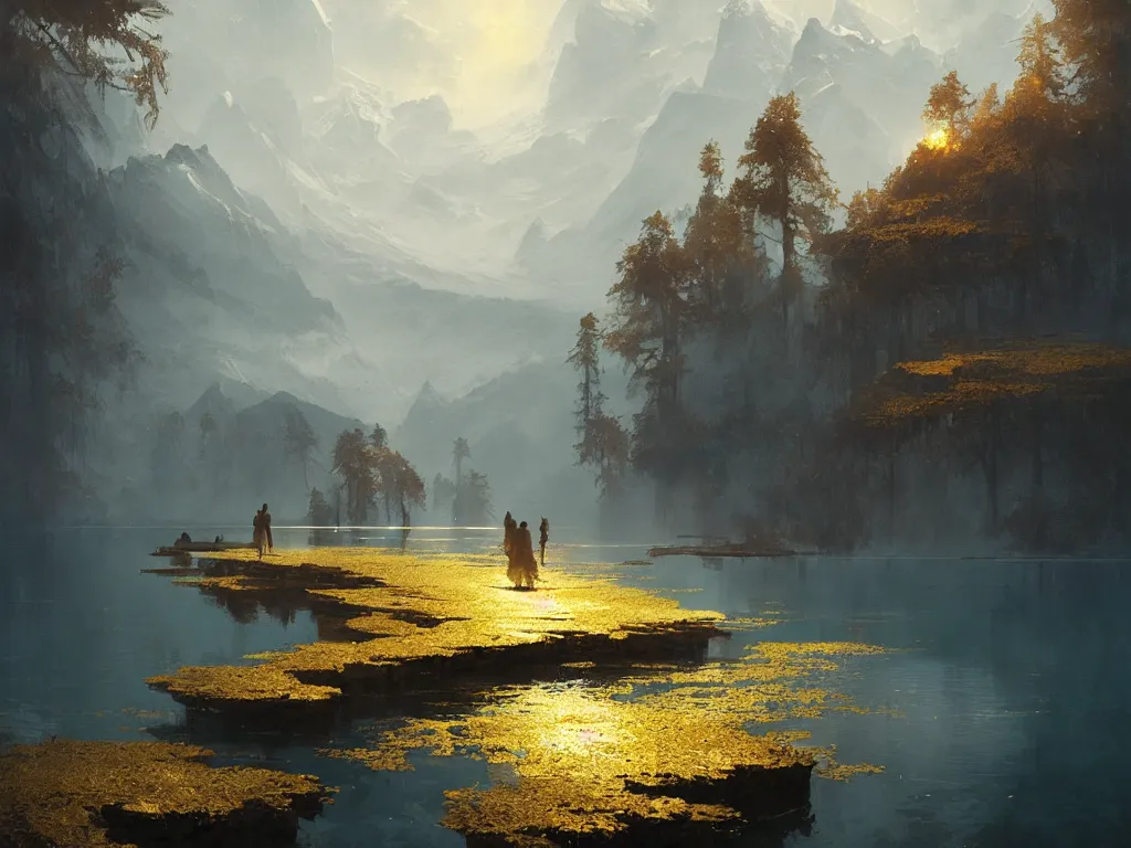 Image similar to A lake of pure gold, by Greg Rutkowski