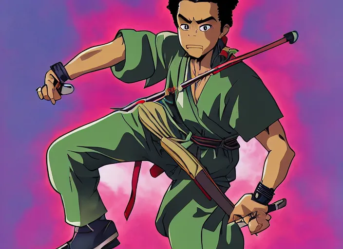 Prompt: huey freeman from boondocks in a samurai outfit in 8 0 s futurism style, anime, detailed, 4 k - h 1 0 2 4