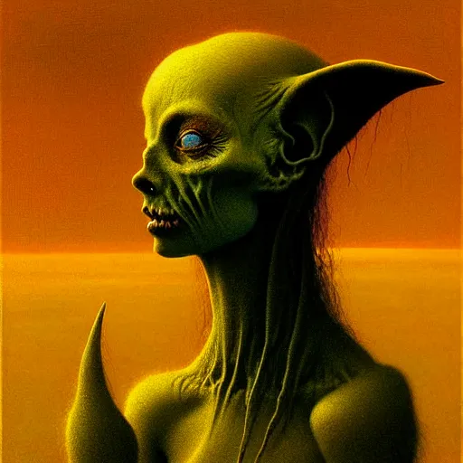 Image similar to portrait of ethereal goblin princess in golden armour by Beksinski