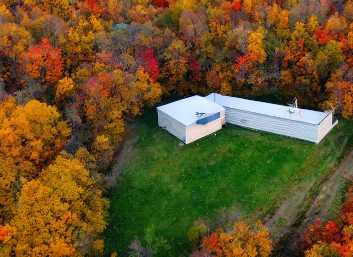 Image similar to low drone shot of a ranch style Juvenile Detention Center middle of the Woods during autumn