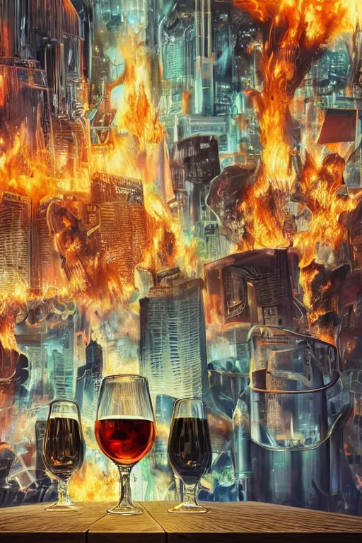 Prompt: in the foreground two glasses of alcohol placed on a table in the background a futuristic city in flames, realistic, high definition, 4K, shimmering color, symmetrical face, hyper detailed, art of Times