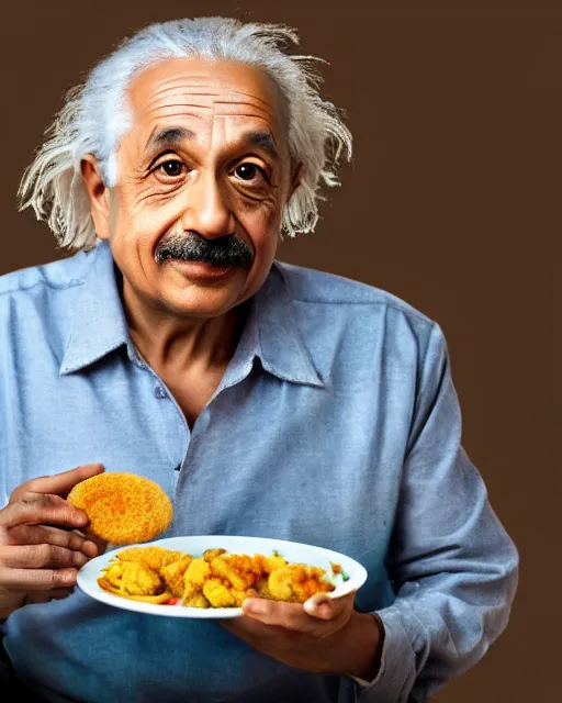 Prompt: A photo of Albert Einstein eating Idli Vada, highly detailed, trending on artstation, bokeh, 90mm, f/1.4