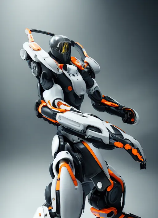 Image similar to a Photorealistic dramatic hyperrealistic full frame render of a Sleek futuristic exosuit Freedom Formula Racing Mech,Ultra realistic details,glossy white metal,Orange racing stripes,weathered surfaces,by Hidetaka Tenjin,Yoh Yoshinori,Yoji Shinkawa,Masamune Shirow,Beautiful dramatic dark moody tones and lighting,cinematic atmosphere,studio lighting,shadows,dark background, Octane render,8K