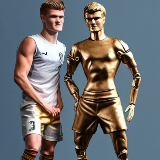 Prompt: a realistic detailed photo of a guy who is an attractive humanoid who is half robot and half humanoid, who is a male android, soccer players martin ødegaard & timo werner, shiny skin, posing like a statue, blank stare, in a living room, on display, showing off his muscles, gold soccer shorts, side view, looking at each other mindlessly