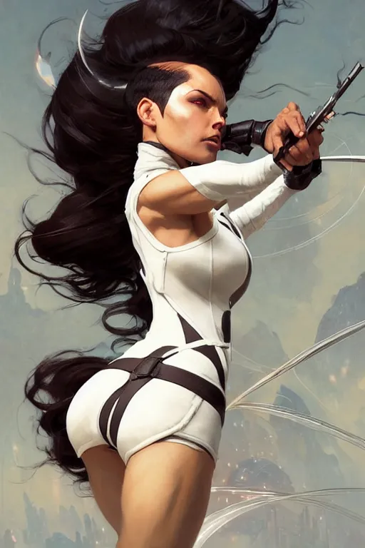 Image similar to beautiful woman with white hair and brown skin as aeon flux profile picture by Greg Rutkowski, dynamic pose, intricate, futuristic, fantasy, elegant, by Stanley Artgerm Lau, greg rutkowski, thomas kindkade, alphonse mucha, loish, norman Rockwell,