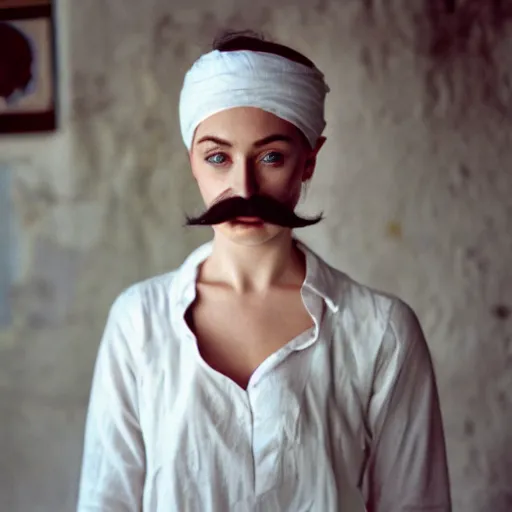 Image similar to photo, sophie turner, handlebar mustache, morocco, white clothing, ektachrome, portrait, mid shot, 5 0 mm,