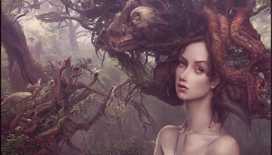 Image similar to Garden of Eden, Terrestrial Paradise, animals leaving in the paradise, creature design, insanely detailed and intricate, Charlie Bowater, Tom Bagshaw, Norman Rockwell, high resolution, photorealistic, octane rendered, unreal engine, illustration, trending on artstation, masterpiece, 8k