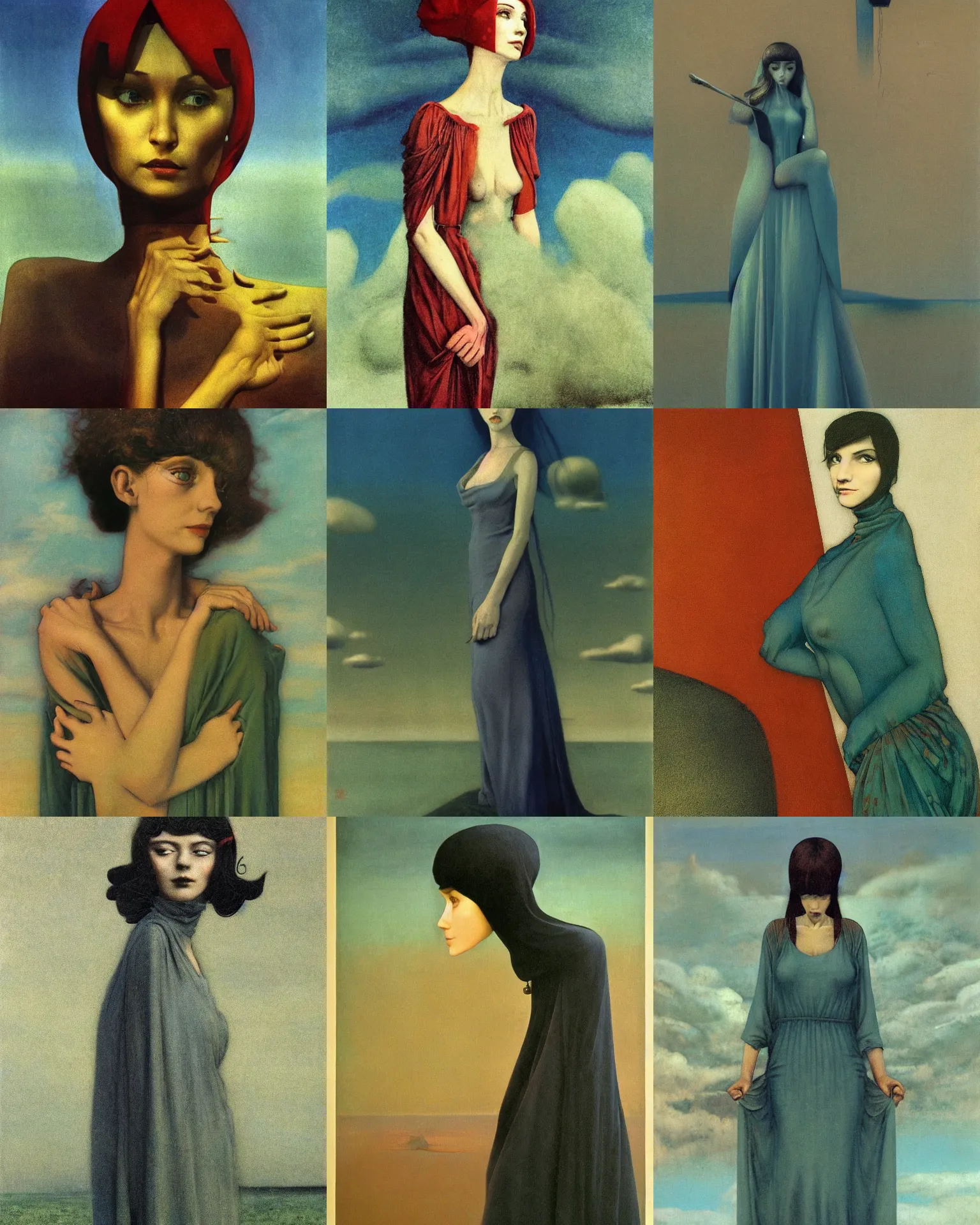 Prompt: woman portrait, female figure in maxi dress, sky, thunder clouds modernism, low poly, low poly, low poly, industrial, soviet painting, social realism, barocco, Rolf Armstrong style, john bauer style, Beksiński Zdzisław, arnold Böcklin , 1993 anime,