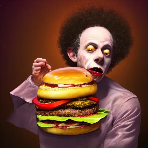 Prompt: portrait photography of Malcolm Gladwell in clown makeup eating a giant hamburger, extra ketchup and mustard with overflowing bacon lettuce and tomato, cinematic lighting, highly detailed, feminine ethereal, D&D, hearthstone, digital painting, artstation, concept art, smooth, sharp focus, illustration, art by Terry Moore and Greg Rutkowski and Alphonse Mucha