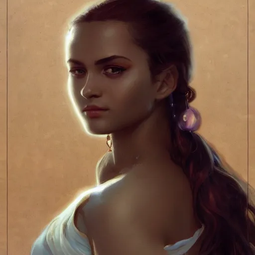 Prompt: A seductive twenty year old Mesopotamian witch in training, fully clothed, brown skinned, in a major Mesopotamian city, portrait, highly detailed, digital painting, artstation, concept art, sharp focus, illustration, cinematic lighting, art by artgerm and greg rutkowski and alphonse mucha