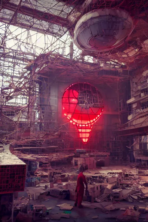 Image similar to workers repairing big mickey mouse head in abandoned computer facility, in background red glowing netflix logo. made by beeple, cgsociety, unreal engine, octane render, greg rutkowski, alphonse mucha, cinematic lighting, dark room, low light, sharp focus, 4 k highly detailed art