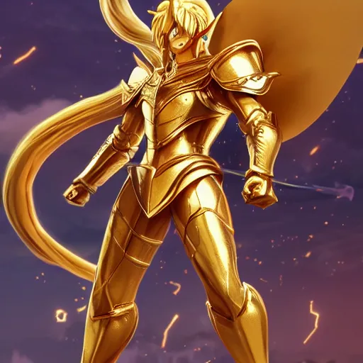 Prompt: A golden zodiac knight from saint Seiya using the holy Pikachu golden armor, ears and thunder tail by Stanley Artgerm Lau, WLOP, Rossdraws, ArtStation, CGSociety, concept art, cgsociety, octane render, trending on artstation, artstationHD, artstationHQ, unreal engine, 4k, 8k,