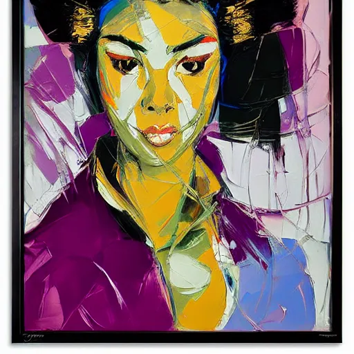 Prompt: portrait of geisha, silver and gold by francoise nielly