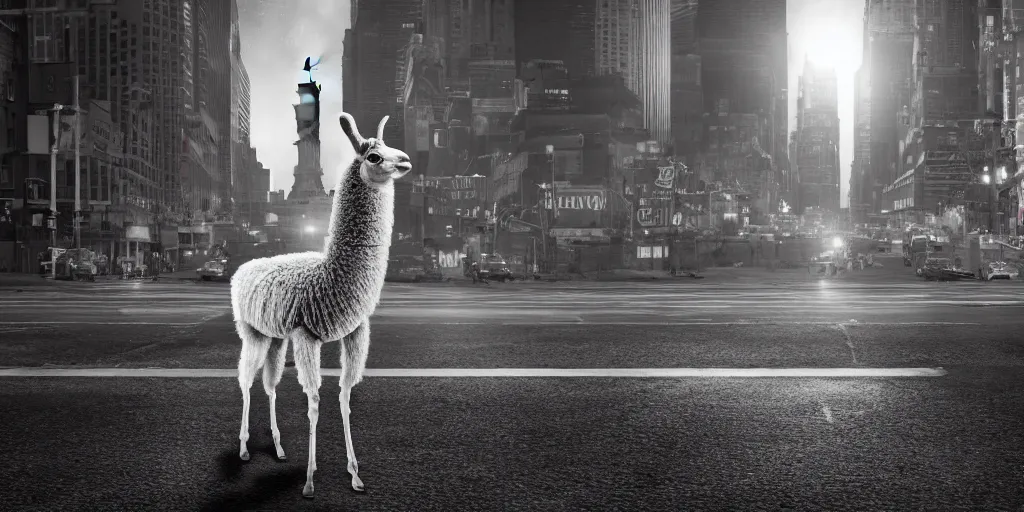 Image similar to a llama walking through a desolate manhattan city street at night, statue of liberty seen in the background, realistic 4 k octane beautifully detailed render, 4 k post - processing, highly detailed, detailed face, intricate complexity, epic composition, magical atmosphere, cinematic lighting, masterpiece, ultra hd