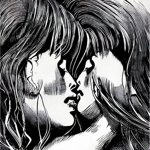 Image similar to two monstrous women kissing each other with long spiraling lips, eldritch abomination, horror manga illustration by junji ito, key visual, monochromatic