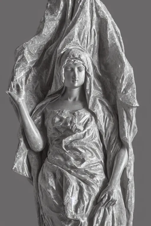 Image similar to a cinematic view of an highly ornated intricate macabre impressionist sacred statue of veiled girl made in light concrete, with few ornaments in shiny polished graphite, sculpted by hedi xandt and antonio corradini