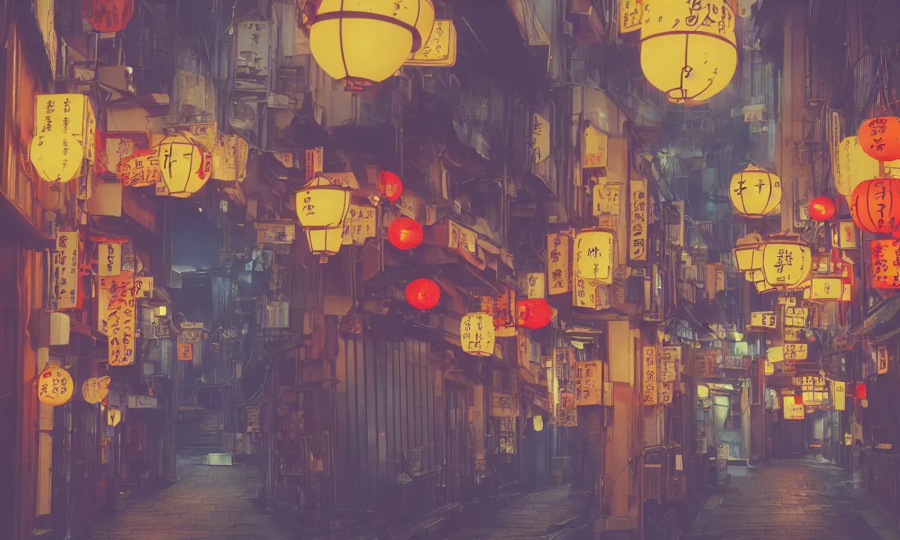 Prompt: A film still from a 1990s Sailor Moon cartoon featuring a moody street in Kyoto Japan with a waterfall and lanterns, lofi aesthetic, golden hour, cinematic look, film grain, high detail, high resolution, 8k