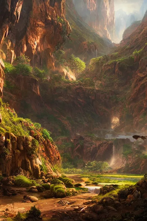 Image similar to the lost valley, landscape, alex ross, david finch, concept art, matte painting, highly detailed, rule of thirds, dynamic lighting, cinematic, detailed, denoised, centerd