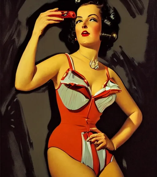 Image similar to j. c. leyendecker portrait painting of an 1 9 5 0's pinup woman, direct flash photography at night, film grain