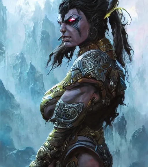 Image similar to a concept art painting of a female half - orc, art by karol bak and mark brooks and artgerm, centered, trending on artstation