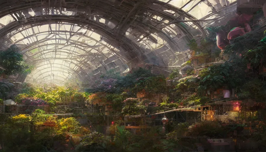 Image similar to craig mullins and ghibli digital illustration vertical farms and hydroponics under a force field dome, colorful, unreal engine, hyper realism, realistic shading, cinematic composition, realistic render, octane render, detailed textures, photorealistic, wide shot