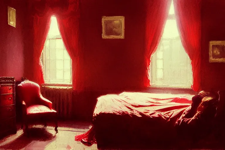 Image similar to an ornate red victorian bedroom, in the evening, 1 8 9 0, key visual, conceptart, ambient lighting, highly detailed, digital painting, artstation, concept art, sharp focus, by makoto shinkai and akihiko yoshida and greg manchess