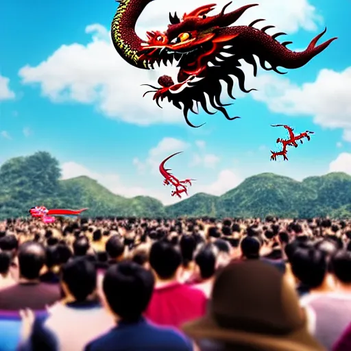 Image similar to people watching a chinese dragon flying in the sky, hyperrealistic, 3 d