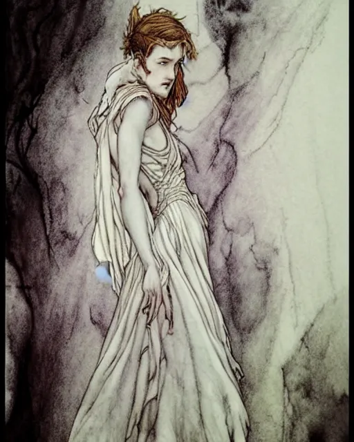 Prompt: in the style of artgerm, arthur rackham, evan rachel wood, flowing white dress