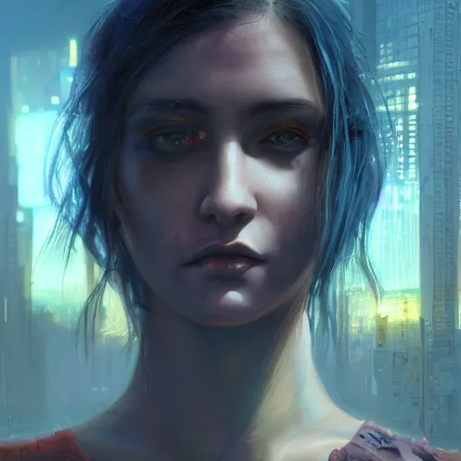 Image similar to molly millions, closeup portrait of a young beautiful cyberpunk woman, mirror eye implants, black hair in a rough shag, sunset, neuromancer, street samurai, cyberpunk city background, megacity, gorgeous view, depth, painted by seb mckinnon, high detail, digital art, painted by greg rutkowski, trending on artstation