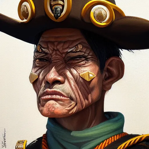 Image similar to portrait painting of an arakocra sheriff, sharp focus, award - winning, trending on artstation, masterpiece, highly detailed, intricate. art by merwild and ernesto irawan and rachel denton