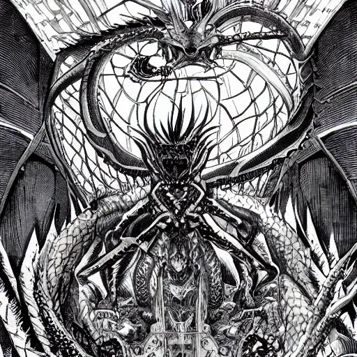 Image similar to dragon's heaven by makoto kobayashi in the style of barry windsor - smith and h. r. giger