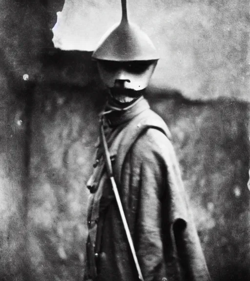 Prompt: person wearing executioner mask, ww1 photo, grainy, high detail, high resolution, tehnicolor