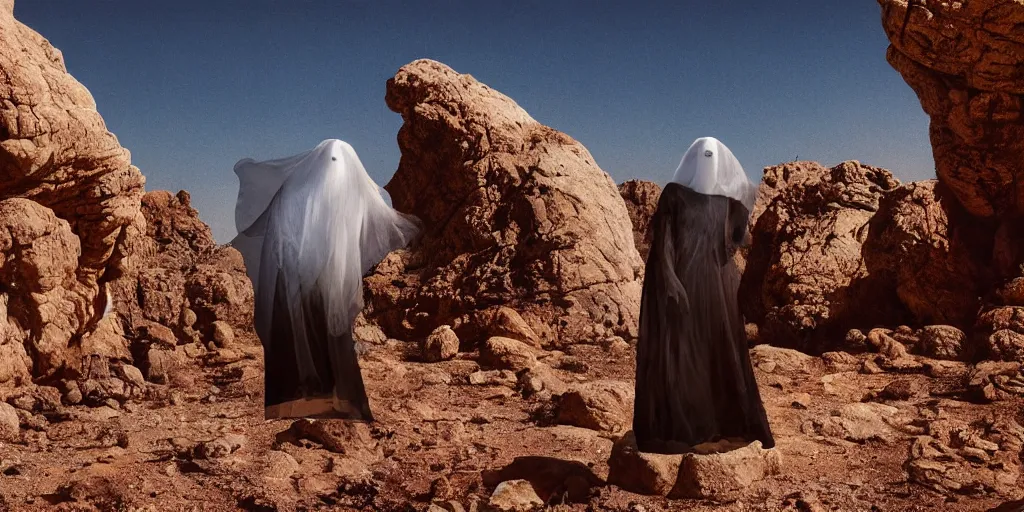 Image similar to levitating ghost veiled silhouette with full - face golden bright reflective mask in a dry rocky desert landscape, visible sky and sunny atmosphere, floating rocks, flying rocks and fata morgana and giant mirrors by alejandro jodorowsky, anamorphic lens, kodakchrome, practical effects, masterpiece, 8 k